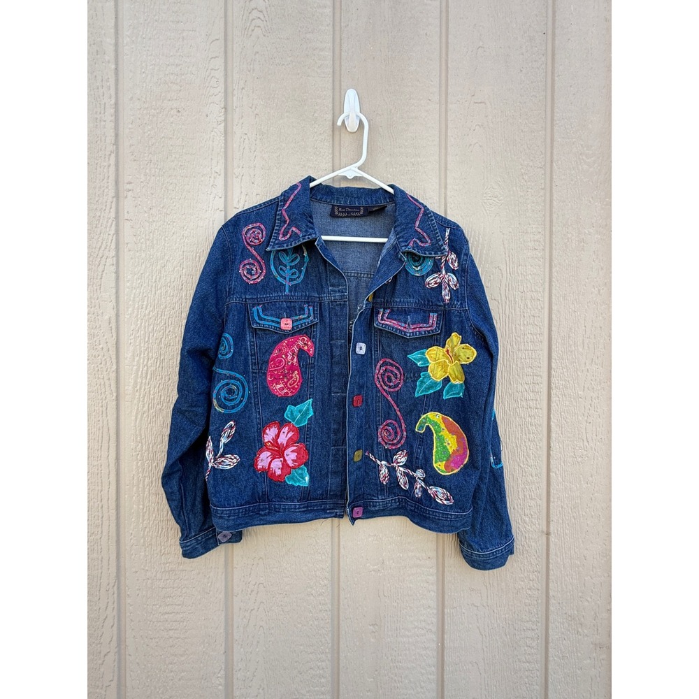 New Direction Large Denim Jacket Boho Embroidered Cotton Floral Paisley